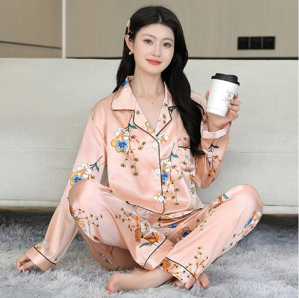 Ice Silk Pajamas Women's Summer Women's suit Long-sleeved Trousers Silk-like Pajamas Casual Light Luxury plus size Home Clothes