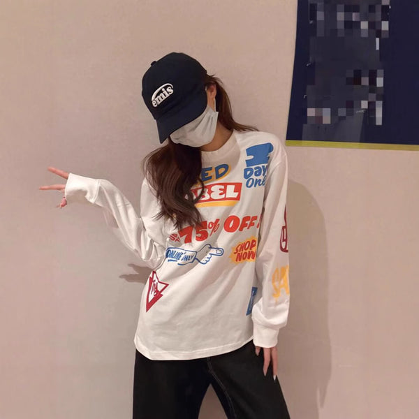 Full Print Color Graffiti Letters Printed Casual Long Sleeve T-Shirt