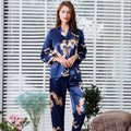 Simulated silk couple sleepwear new long sleeved set men's and women's V-neck silk printed dragon and phoenix home clothes - TrendTrove