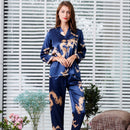 Simulated silk couple sleepwear new long sleeved set men's and women's V-neck silk printed dragon and phoenix home clothes - TrendTrove