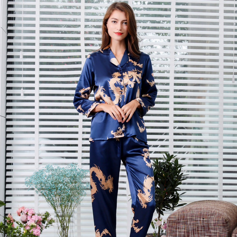 Simulated silk couple sleepwear new long sleeved set men's and women's V-neck silk printed dragon and phoenix home clothes - TrendTrove