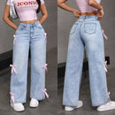 Bowknot Collage Washed Jeans Loose Straight-leg Wide-leg Pants