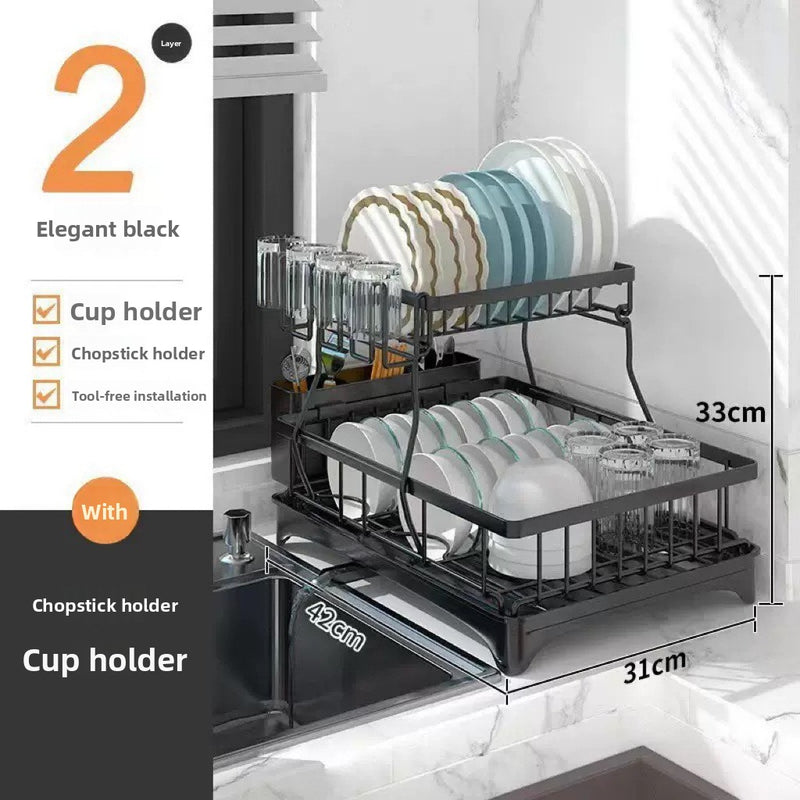 Kitchen Dish Rack with Drainage, Multilayer Storage for Dishes and Cups