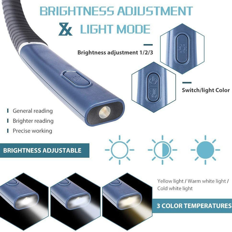 Night reading LED lighting book light USB charging tri color folding double head neck hanging reading light - TrendTrove