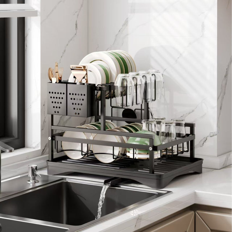 Kitchen Dish Rack with Drainage, Multilayer Storage for Dishes and Cups