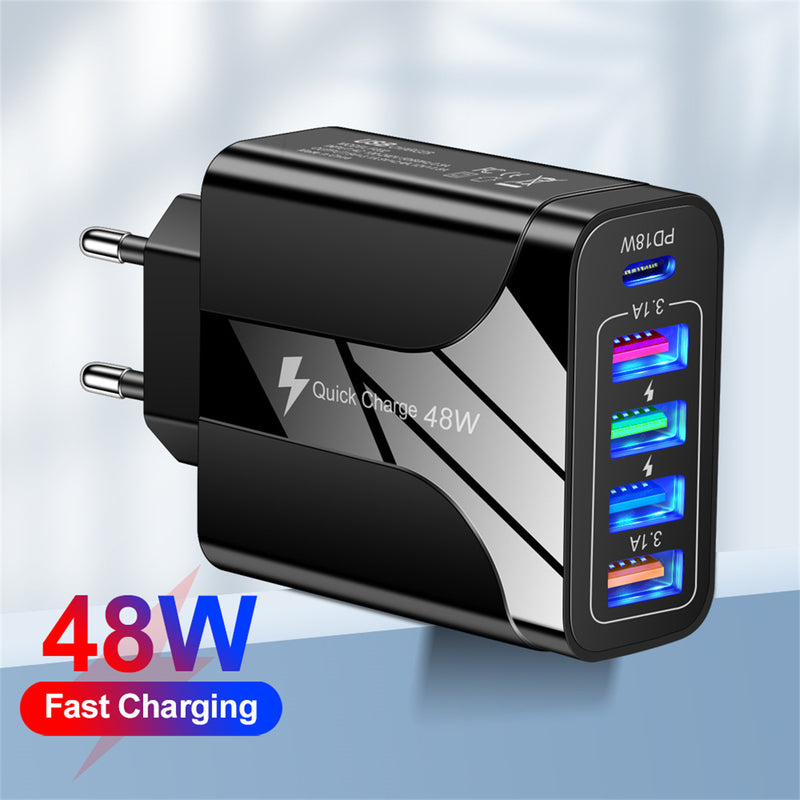 4USB+Type-C mobile phone charger PD18W 5-in-1 charging head 48W charger PD interface charger - TrendTrove