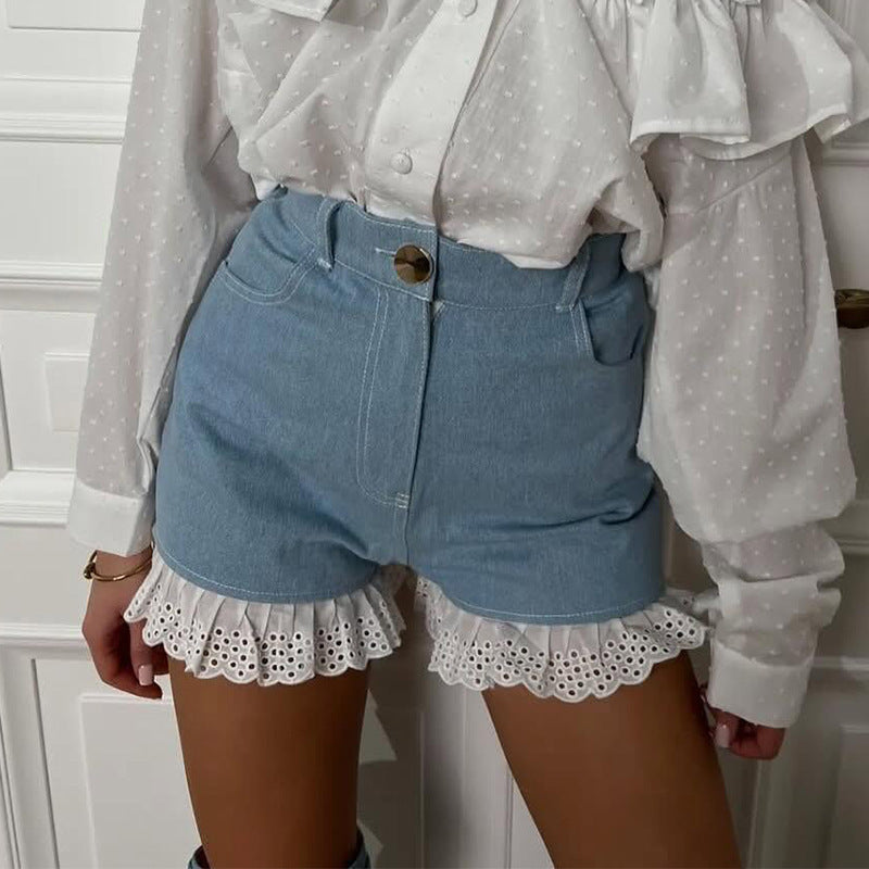 Women's High Waist Lace Stitching Shorts