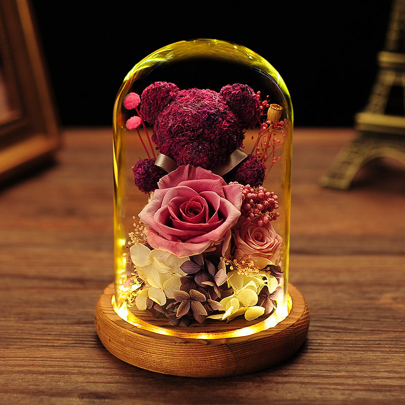 Valentine's Day Gift Everlasting Flower Bear Moss Glass Cover Finished Gift Box for Girlfriend Birthday Ornament Dried Flowers Roses - TrendTrove