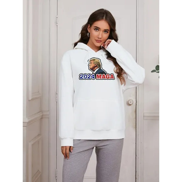 Women Basic Sweatshirt Casual Hooded Sweatshirt Autumn Winter Padded Long Sleeve Trump Maga 2024 Printed Top Oversize