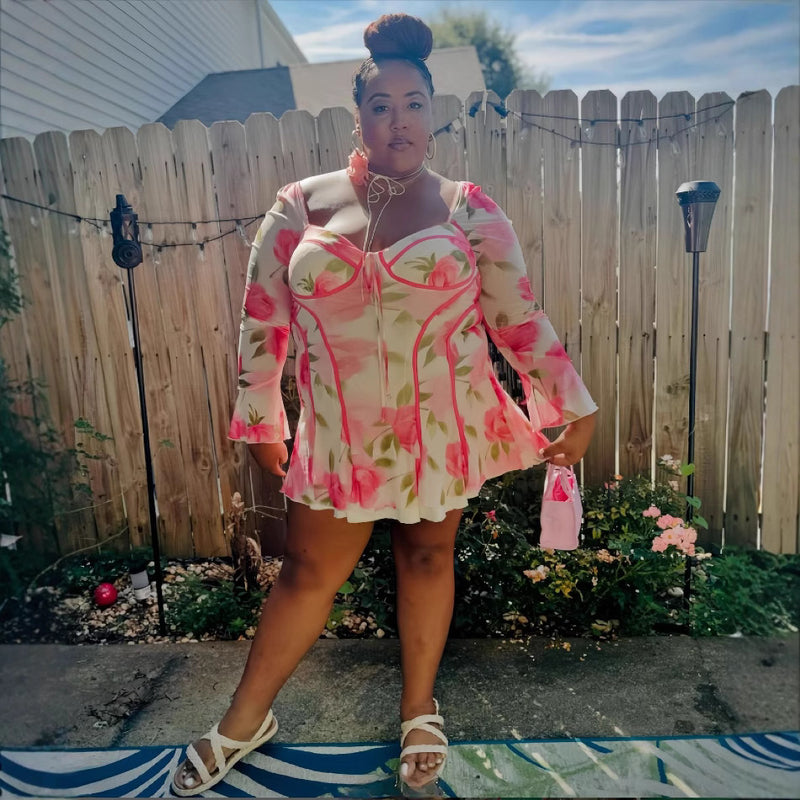 Women's Flared Long Sleeve Tied Lotus Leaf Flower Print Dress