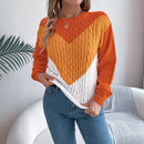 Color Matching Twist Lantern Sleeve Pullover Sweaters Women's Clothing