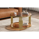 Modern Brown Glass Coffee Table, Asymmetrical Metal, Circular Metal Drum Base, Gold Finish  Lower Shelf