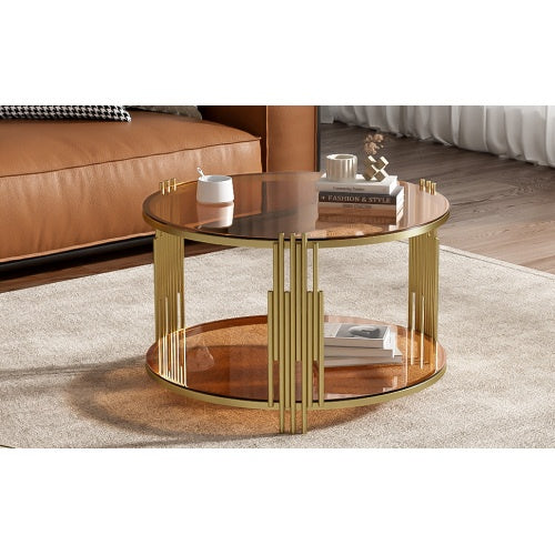 Modern Brown Glass Coffee Table, Asymmetrical Metal, Circular Metal Drum Base, Gold Finish  Lower Shelf