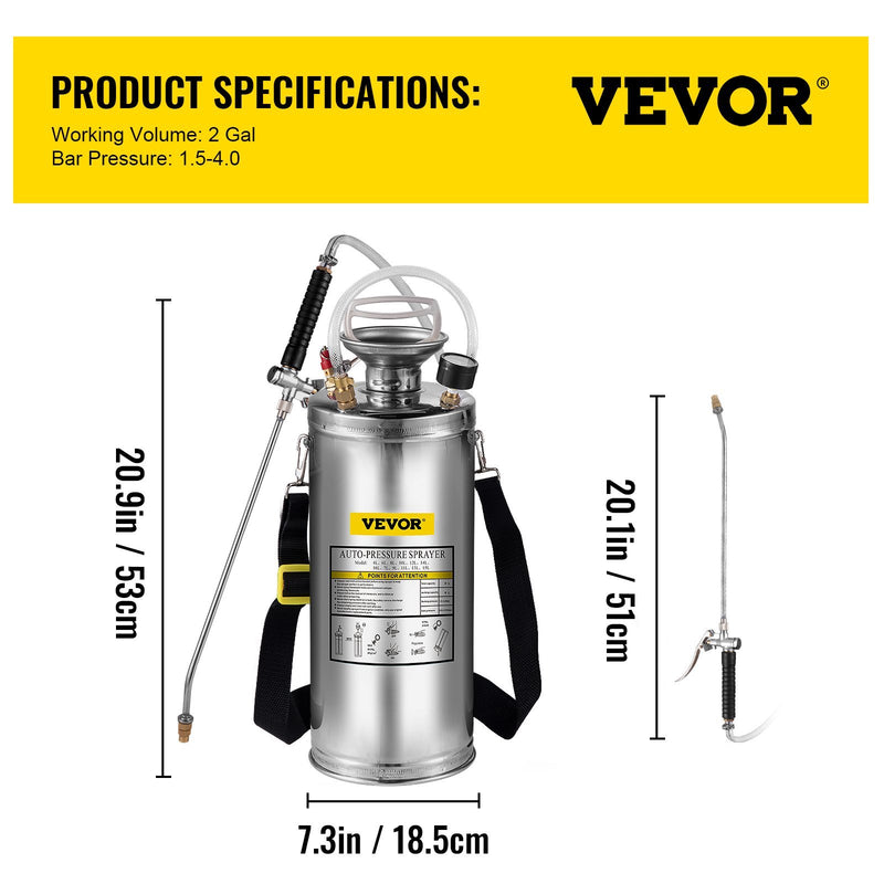 VEVOR 2Gal Stainless Steel Sprayer, Set With Wand  Handle& 3FT Reinforced Hose, Hand Pump Sprayer With Pressure Gauge&Safety Valve, Adjustable Nozzle Suitable For Gardening And Sanitizing