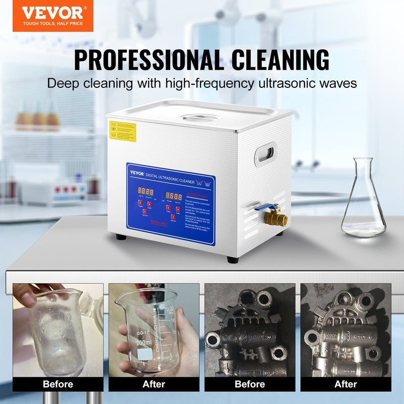 VEVOR Professional Ultrasonic Cleaner, 10L Ultrasonic Jewelry Cleaner With Digital Timer & Heater, Stainless Steel Industrial SonicCleaner 40kHz For Glasses, Watches, Rings, Small Parts