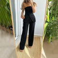Graceful Tube Top Suit Fashion Button Sleeveless Top And Straight Pants Women's Trousers Set
