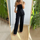 Graceful Tube Top Suit Fashion Button Sleeveless Top And Straight Pants Women's Trousers Set