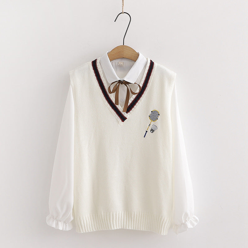 Badminton Embroidery Knit Vest Ruffle Tie Shirt