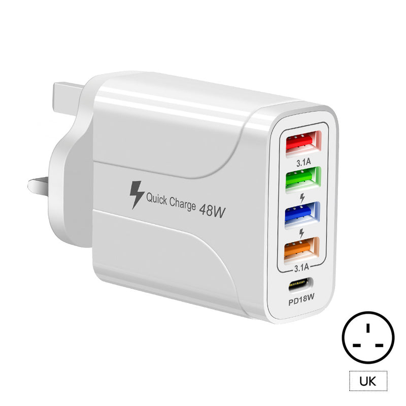 4USB+Type-C mobile phone charger PD18W 5-in-1 charging head 48W charger PD interface charger - TrendTrove