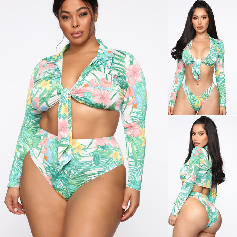 Singularity New Bikini European and American Large Size Swimsuit Long Sleeve High Waist Fat Lady Amazon Swimsuit
