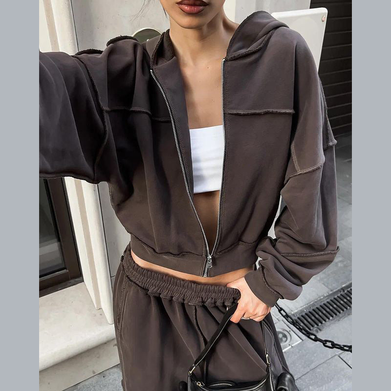 Women's Hooded Zipper Coat and Pants Suit