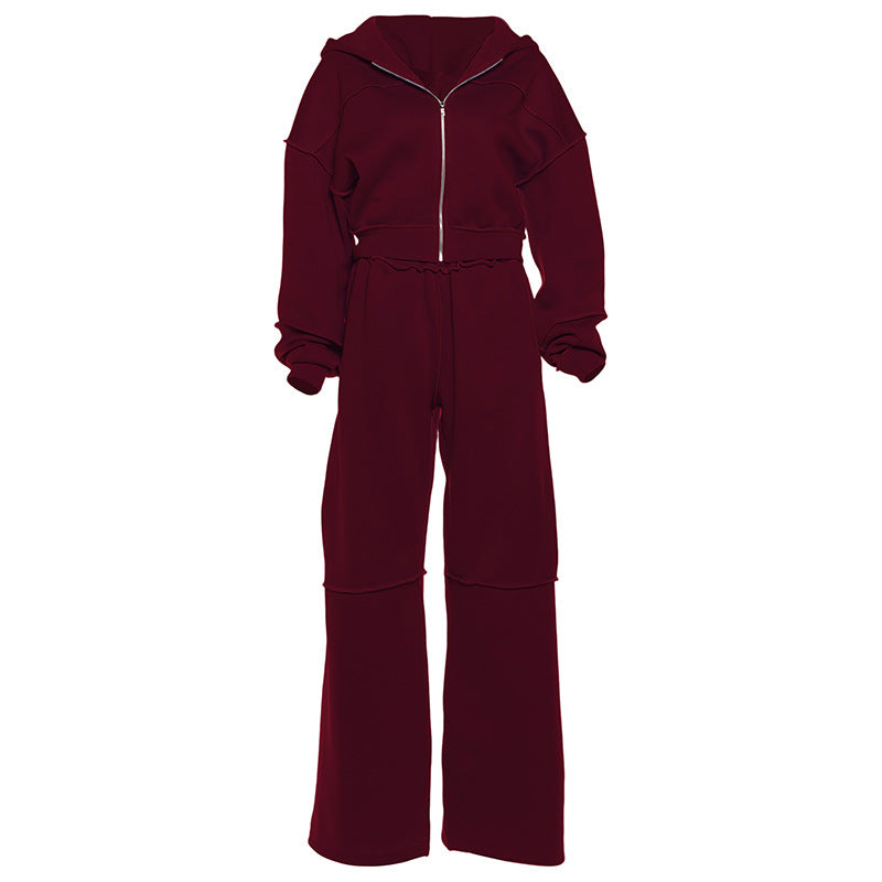 Women's Hooded Zipper Coat and Pants Suit