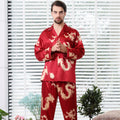 Simulated silk couple sleepwear new long sleeved set men's and women's V-neck silk printed dragon and phoenix home clothes - TrendTrove