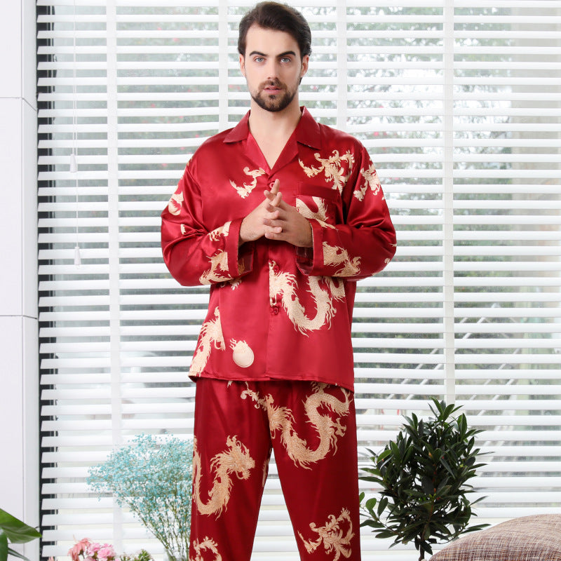Simulated silk couple sleepwear new long sleeved set men's and women's V-neck silk printed dragon and phoenix home clothes - TrendTrove