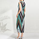 Printed Geometric Sleeveless Round Neck Slim Fit Long Dress