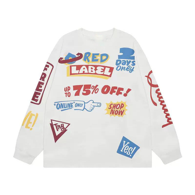 Full Print Color Graffiti Letters Printed Casual Long Sleeve T-Shirt