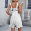 Summer Square Neck Shorts Jumpsuit With Pockets INS Fashion Solid Color Beach Bodysuit Women's Clothing