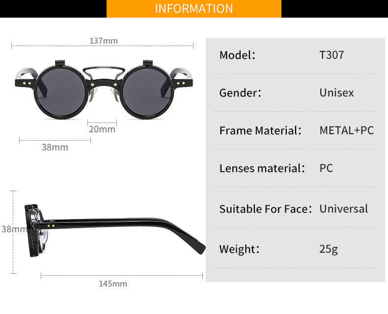 New Round Frame Punk Double-layer Flip Sunglasses
