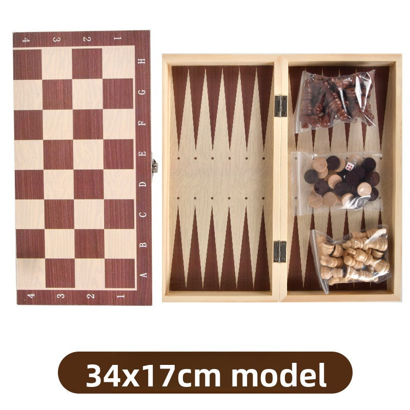 Three-in-One Wooden Chess Checkers Backgammon Board Game Set