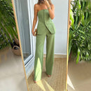 Graceful Tube Top Suit Fashion Button Sleeveless Top And Straight Pants Women's Trousers Set