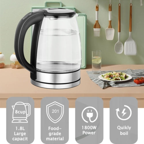 1.8L ELECTRIC KETTLE GLASS 360 BLUE LED ILLUMINATED JUG AUTO SHUT OFF PROTECTION