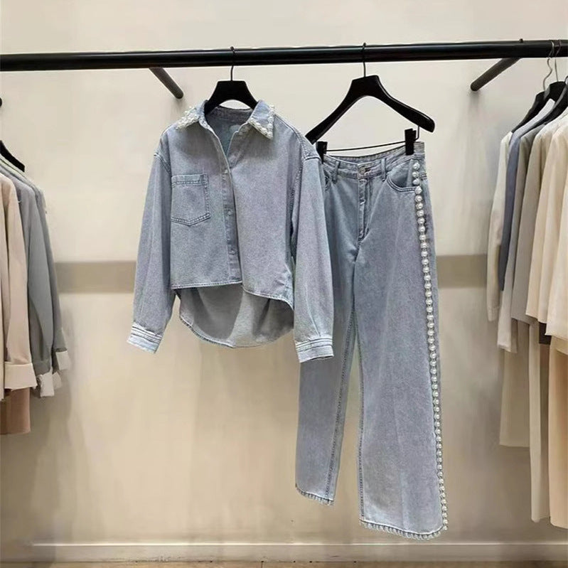 A light blue denim shirt and wide-leg pants suit