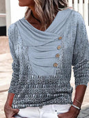 Women's Long-sleeved Lapel Button Loose Print T-shirt Sweater