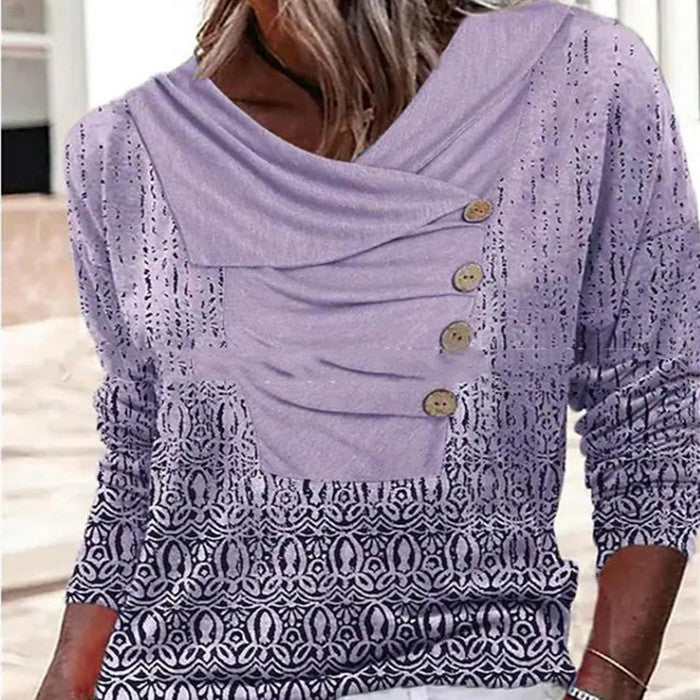 Women's Long-sleeved Lapel Button Loose Print T-shirt Sweater