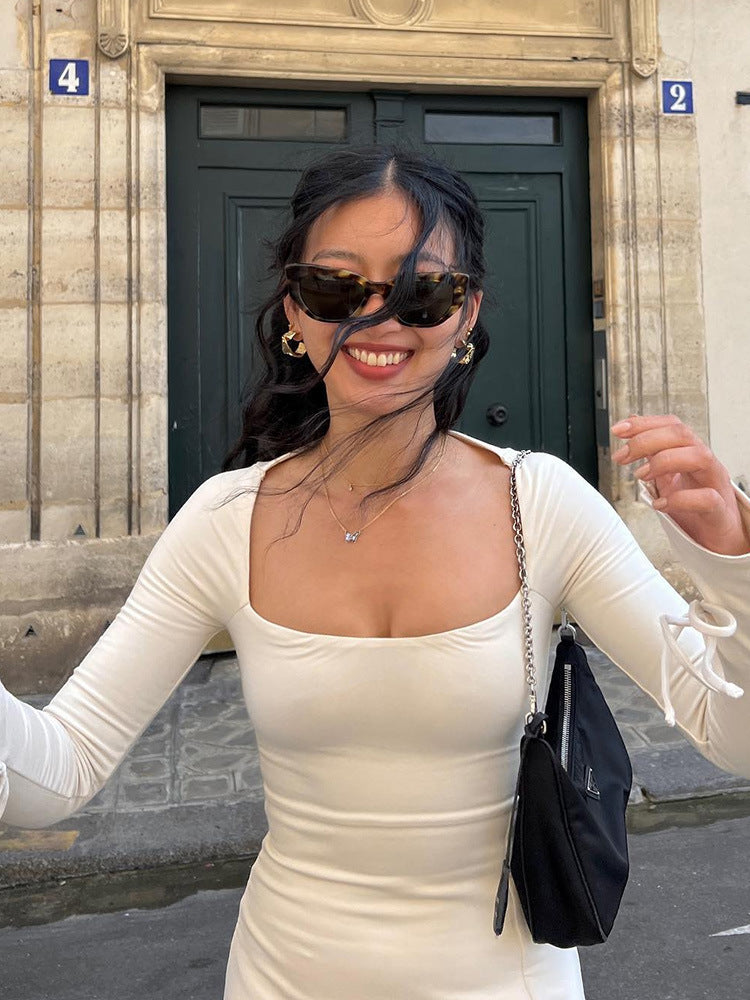 Square Collar Slimming High Waist Bell Sleeve Dress