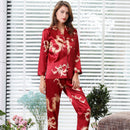 Simulated silk couple sleepwear new long sleeved set men's and women's V-neck silk printed dragon and phoenix home clothes - TrendTrove