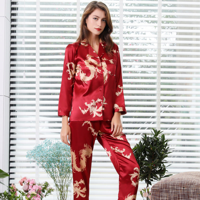 Simulated silk couple sleepwear new long sleeved set men's and women's V-neck silk printed dragon and phoenix home clothes - TrendTrove