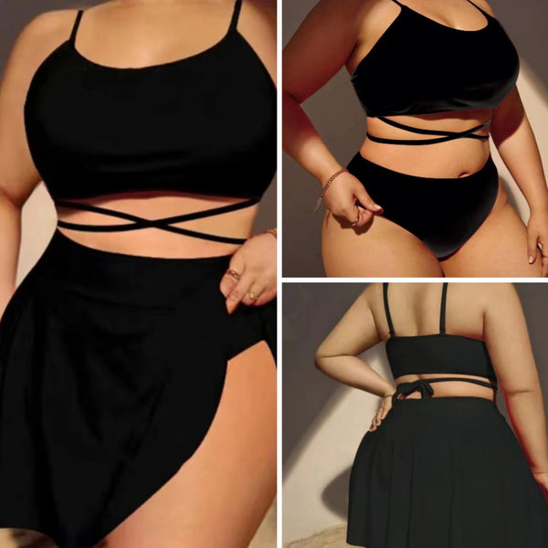 Solid Large Three Piece High Waist Bikini Swimsuit