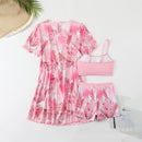 Nuevo conjunto de traje de baño de tres piezas para mujer, estampado de manga corta, camisa de vestir exterior