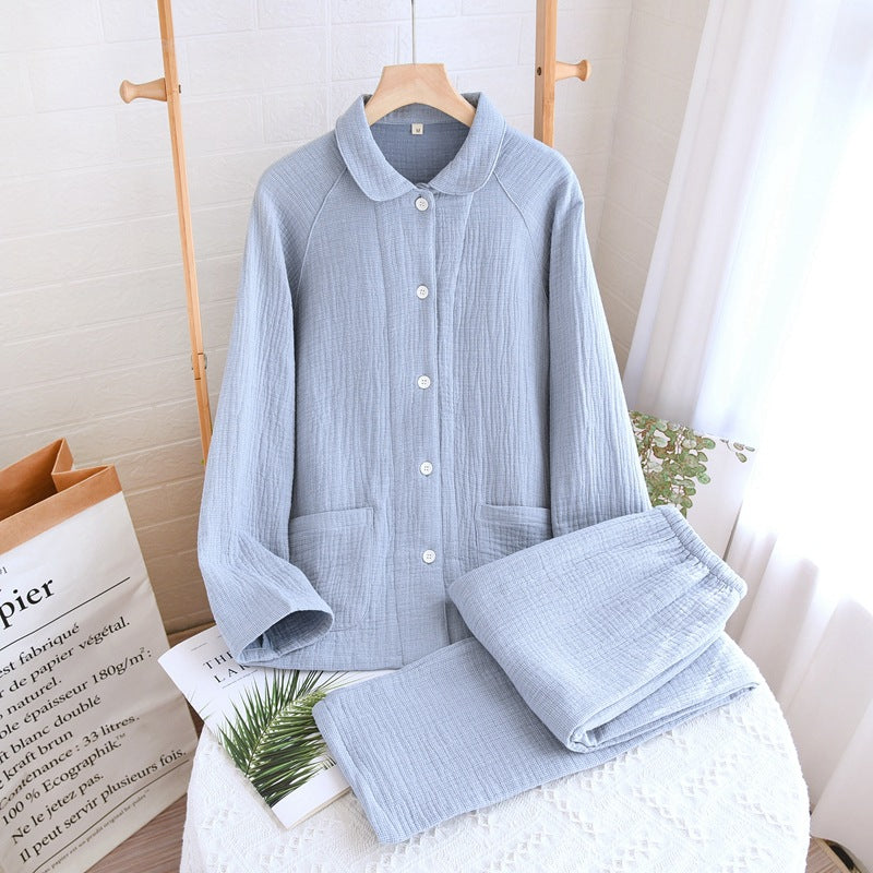 Women's sleepwear made of pure cotton with four layers of gauze, suitable for couples in spring, autumn, and winter. Men's casual plus size set - TrendTrove