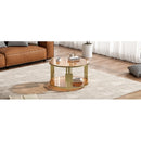 Modern Brown Glass Coffee Table, Asymmetrical Metal, Circular Metal Drum Base, Gold Finish  Lower Shelf
