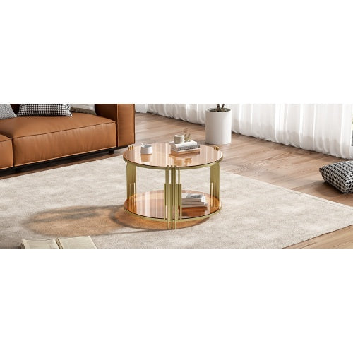 Modern Brown Glass Coffee Table, Asymmetrical Metal, Circular Metal Drum Base, Gold Finish  Lower Shelf