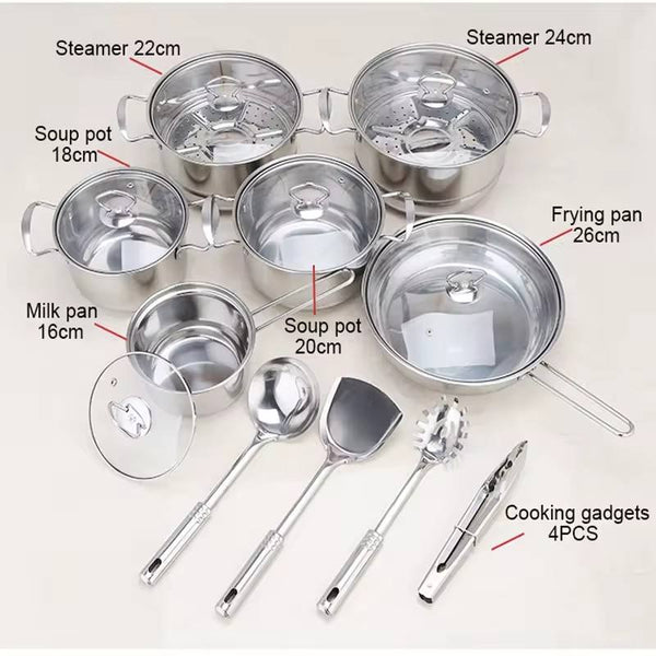 Stainless steel cookware set of 18 pieces household kitchen set soup pot set 16-26cm cutlery set pot set - TrendTrove