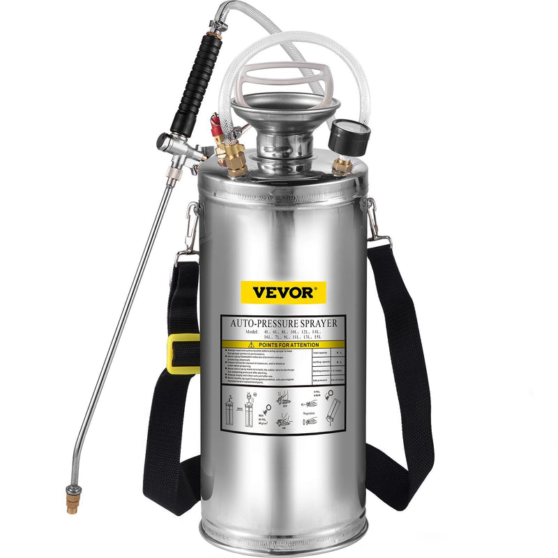 VEVOR 2Gal Stainless Steel Sprayer, Set With Wand  Handle& 3FT Reinforced Hose, Hand Pump Sprayer With Pressure Gauge&Safety Valve, Adjustable Nozzle Suitable For Gardening And Sanitizing