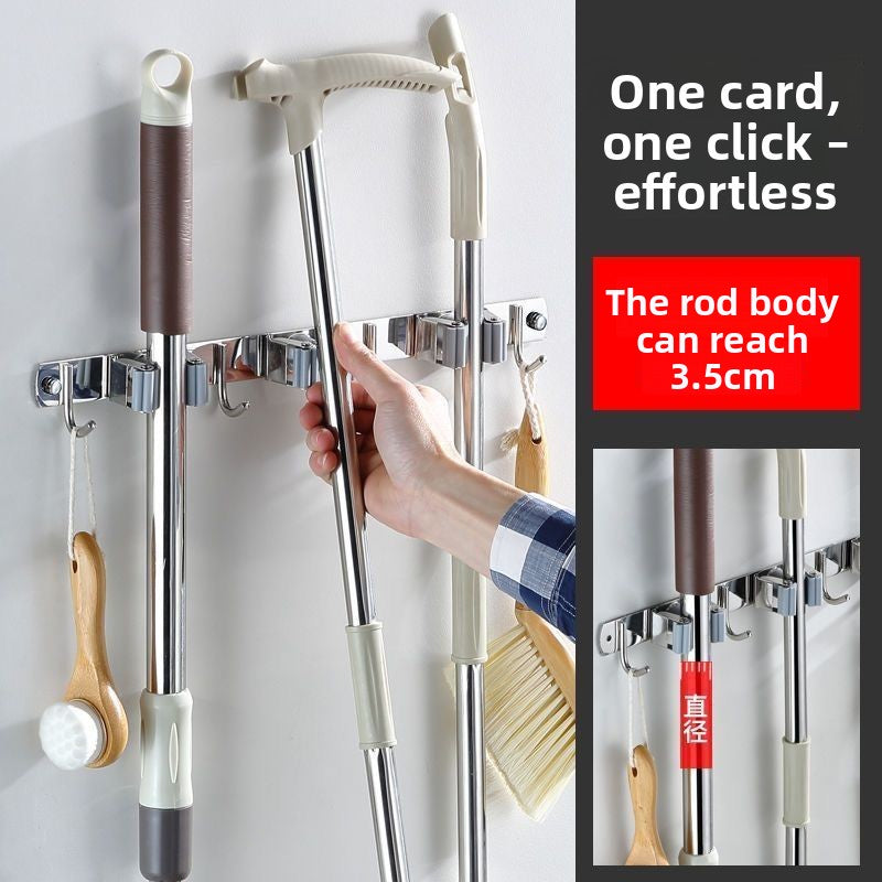 Stainless Steel Wall-Mounted Mop Rack with Hooks and Clips