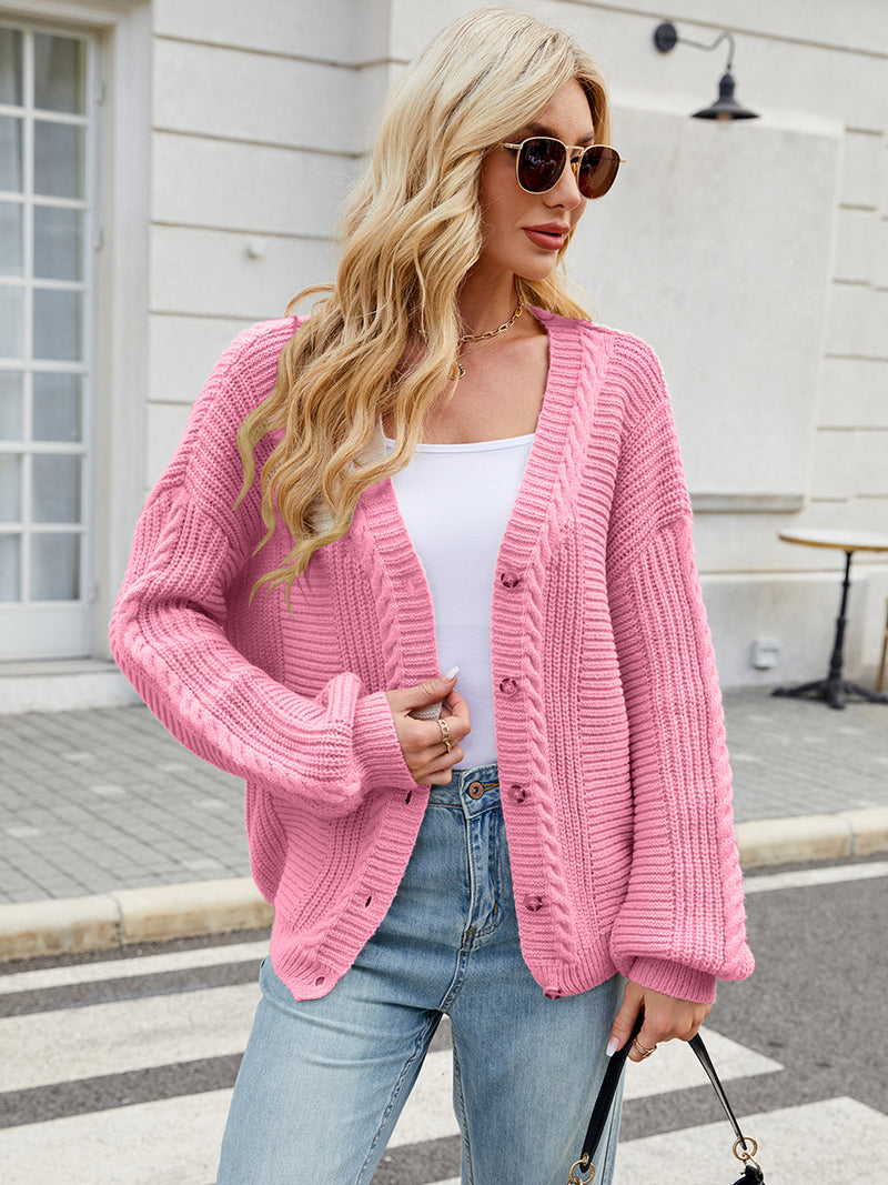 Loose V-Neck Cable Knit Sweater Cardigan